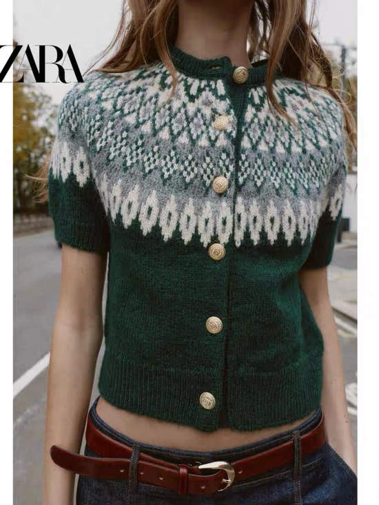 Zara Sweaters - Zara Green Fair Isle Knit Cardigan with Gold Buttons